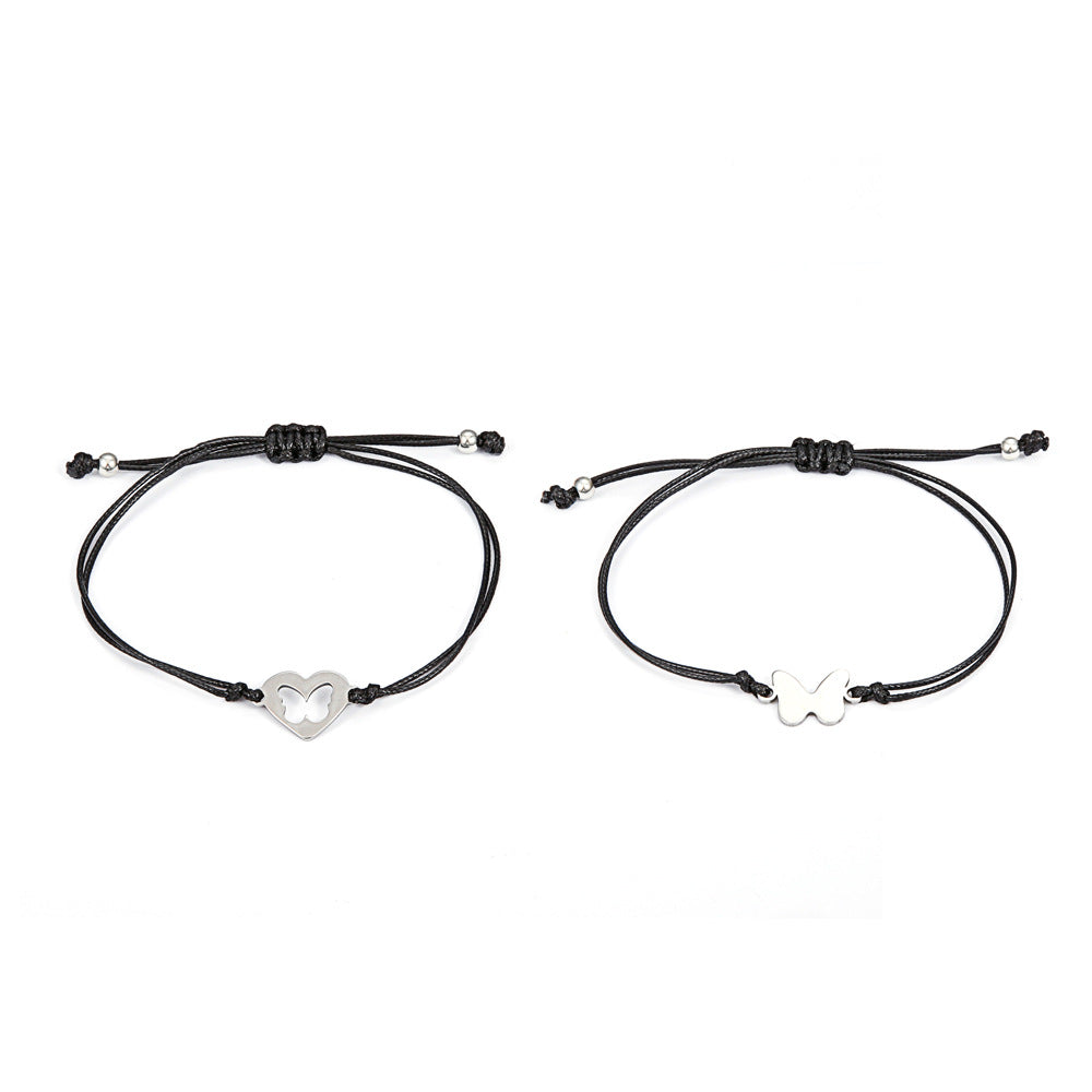 Stainless Steel Hollow Sun Moon Butterfly Adjustable Couple Bracelet Set