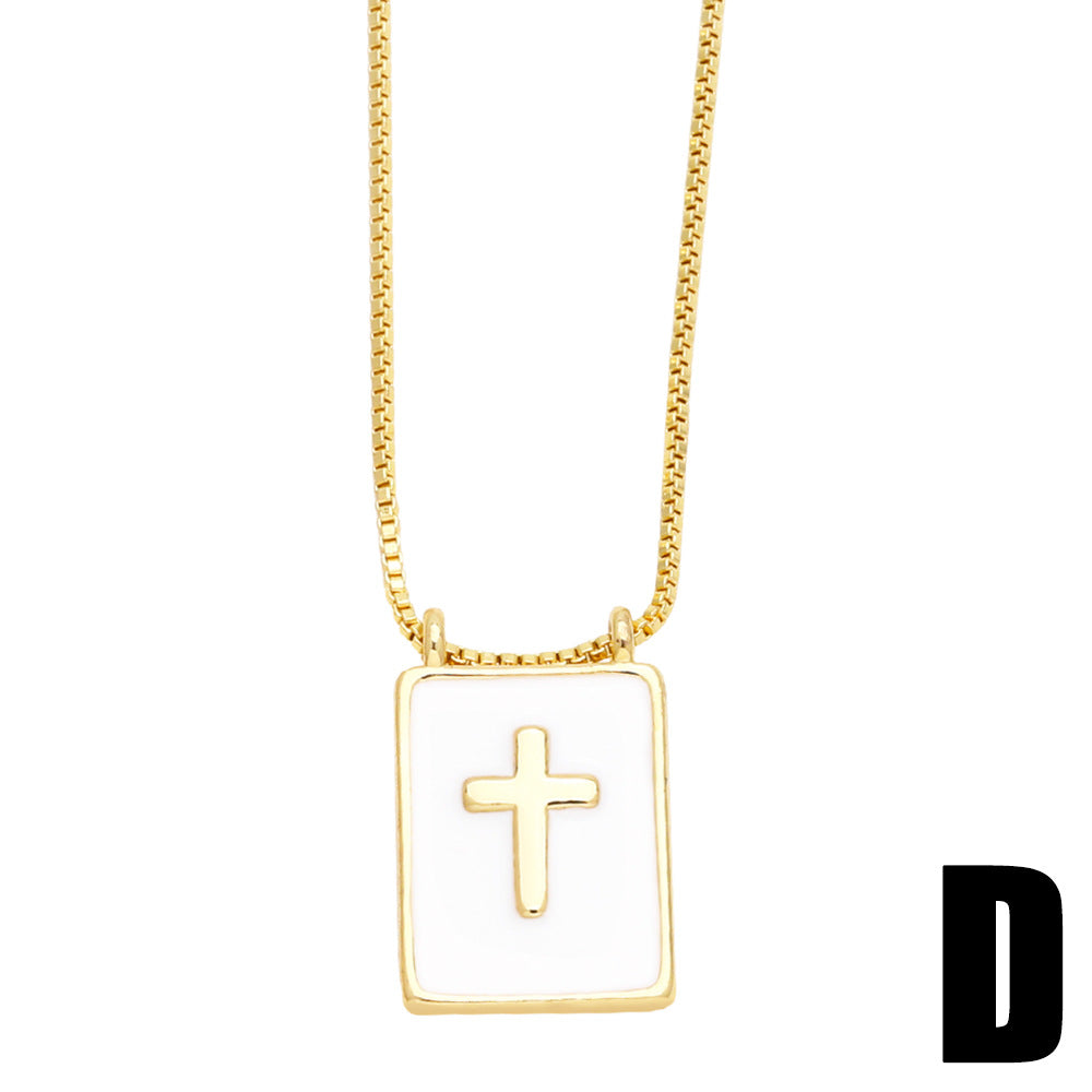 Casual Human Heart & Madonna Cross Rectangle Pendant Necklace - 18K Gold Plated Stainless Steel Long Necklace