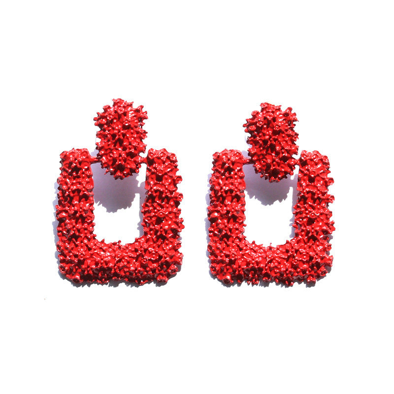 Retro Geometric Square Alloy Earrings with Irregular Matte Finish