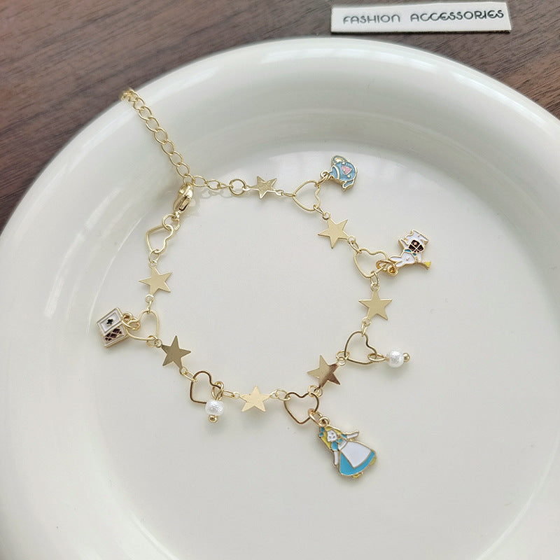 Sweet Fairy Tale Heart and Star Alloy Plated Pearl Bracelet for Women