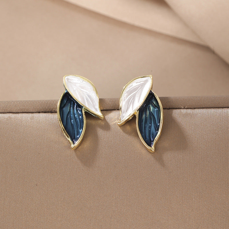 Elegant Korean Leaf Enamel Alloy Stud Earrings with S925 Silver Needle