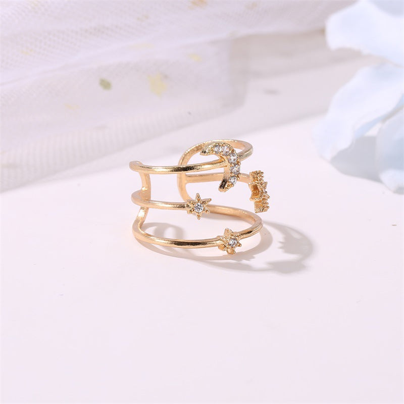 European American Fashion Adjustable Star Moon Zircon Ring - Double Layer Hollow Design