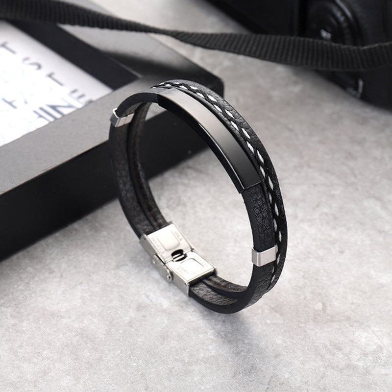 Fashion Geometric Stainless Steel Leather Punk Bracelet