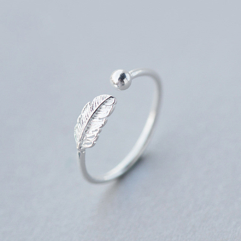 S925 Sterling Silver Feather Leaf Adjustable Ring for Women