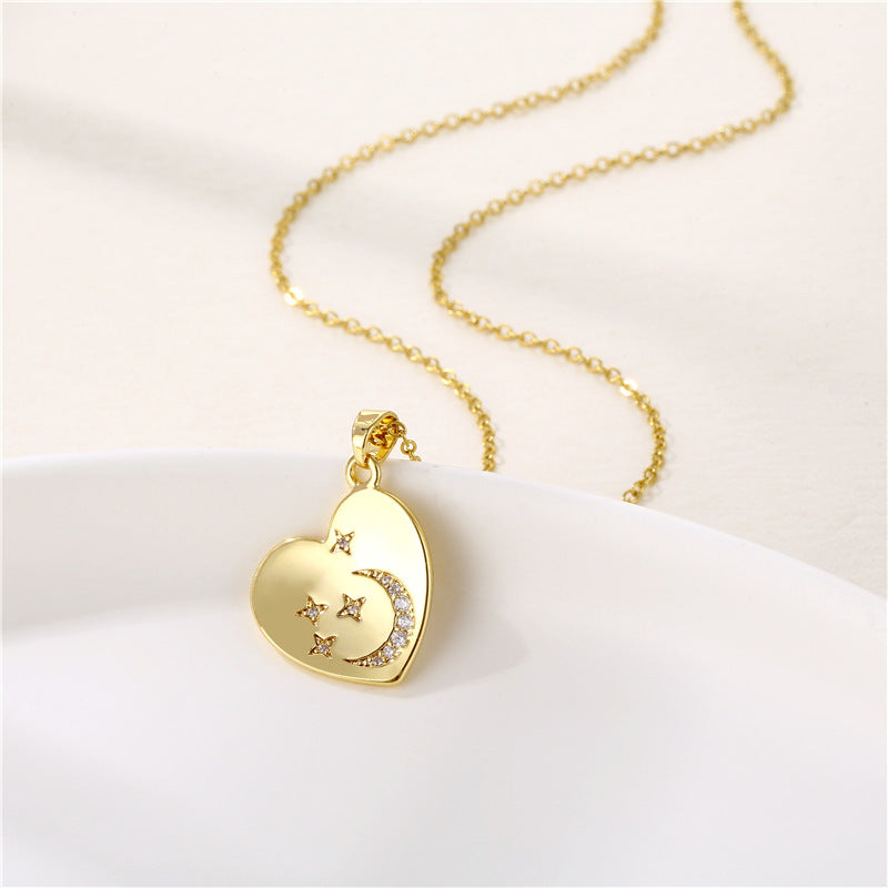 INS Style Sun and Heart Shape Zircon Pendant Necklace - Stainless Steel Titanium with 18K Gold Plating