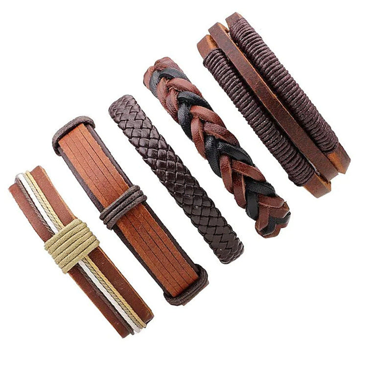 Fashion Cowhide Braided Men's Leather Bracelet Set - 6 Pieces