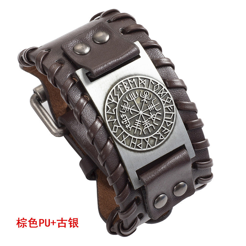 Simple Retro Nordic Viking Compass Leather Bracelet