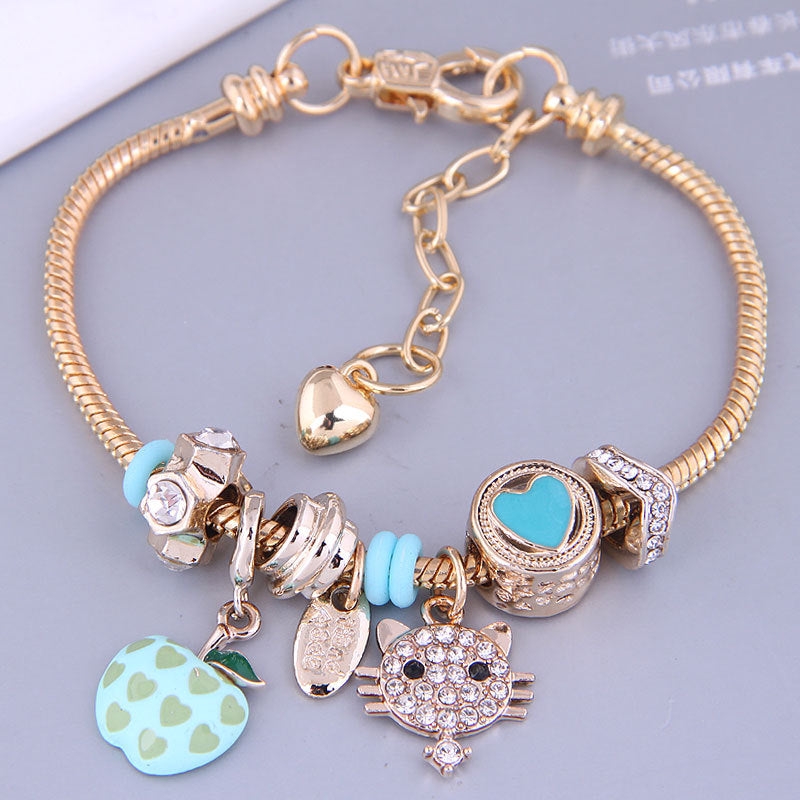 Gold Metal Apple Cat Pendant Tassel Bracelet for Women