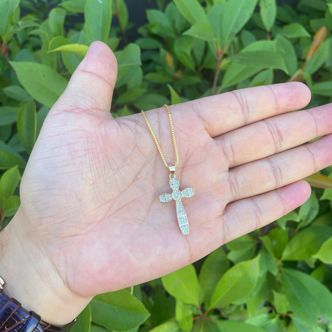 18k Gold Plated Copper Cross Pendant Necklace with Zircon Inlay