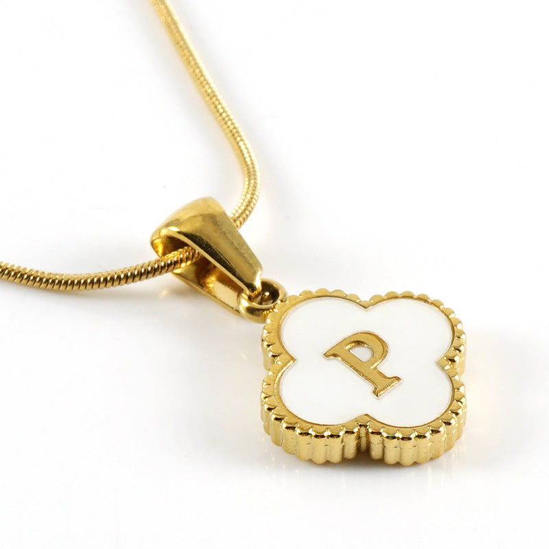 Clover Shell Letter Pendant Gold Plated Stainless Steel Snake Chain Necklace