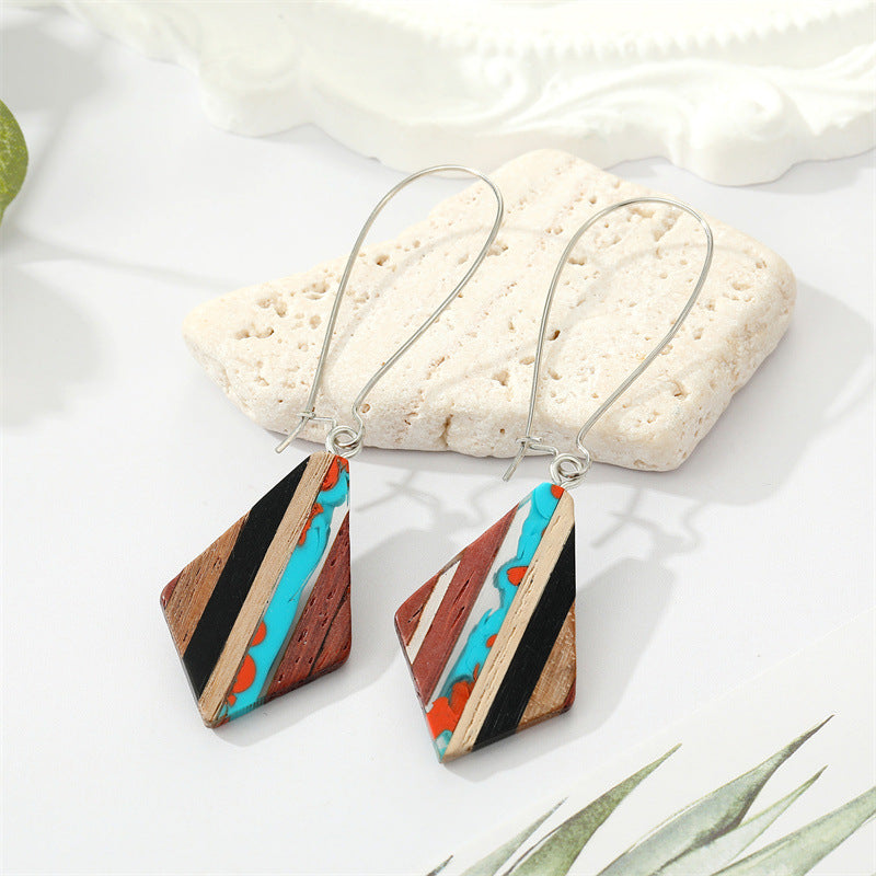 Retro Bohemian Colorful Wood Resin Geometric Pendant Earrings