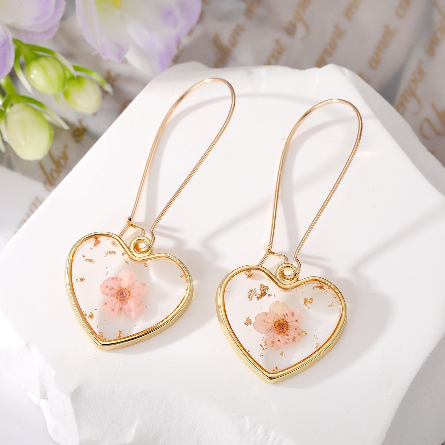 Simple Flower Heart Drop Earrings with Gold Foil Accents