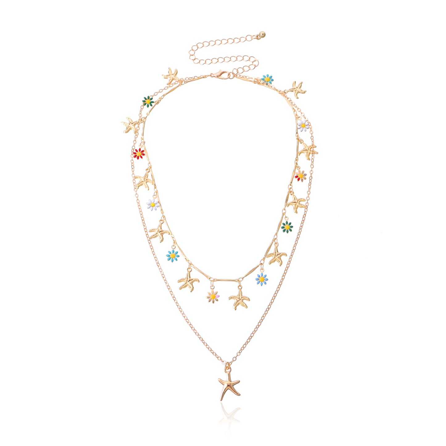 Starfish Flower Alloy Plated Layered Necklace for Women - Hawaiian Style Pendant Jewelry