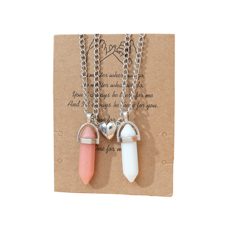 Hexagonal Crystal Quartz Pendant Necklace Set with Water Droplet Gemstone Inlay