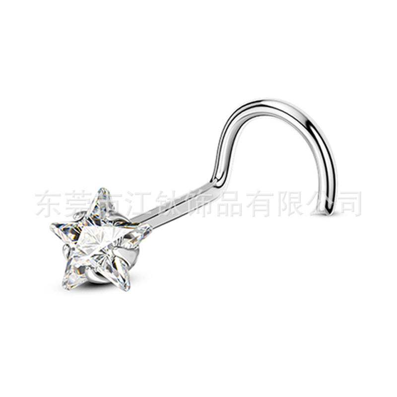 Pentagram Heart Shape Pure Titanium Zircon Inlay Nose Rings & Studs