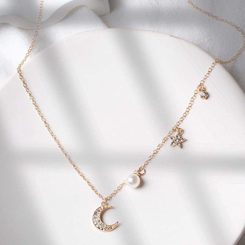 Simple Fashion Double-Layer Alloy Star and Moon Pendant Necklace