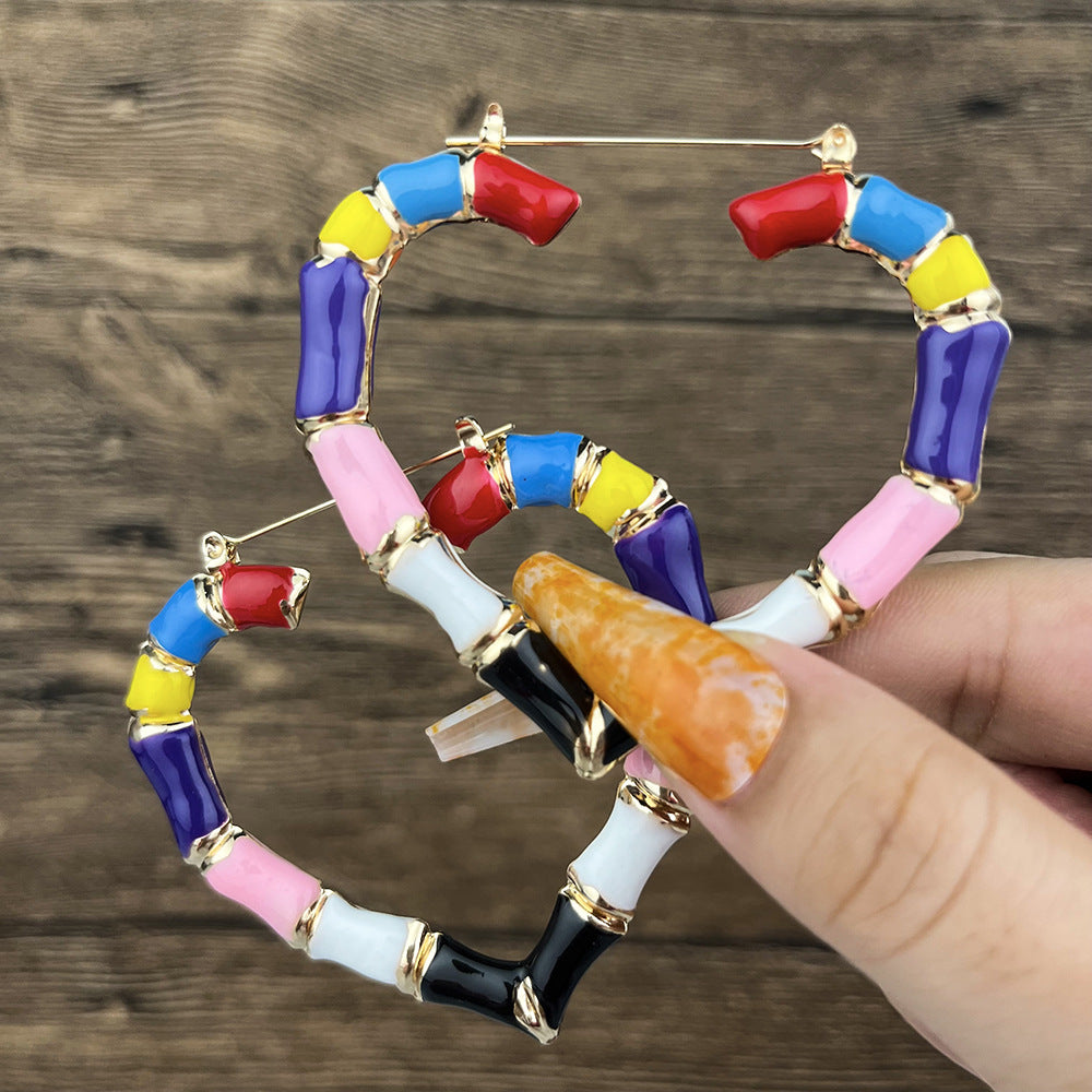 Colorful Heart & Bamboo Hoop Enamel Earrings 2023