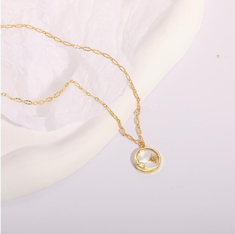 Retro Sun Moon Star Gold Plated Pendant Necklace with Cubic Zirconia