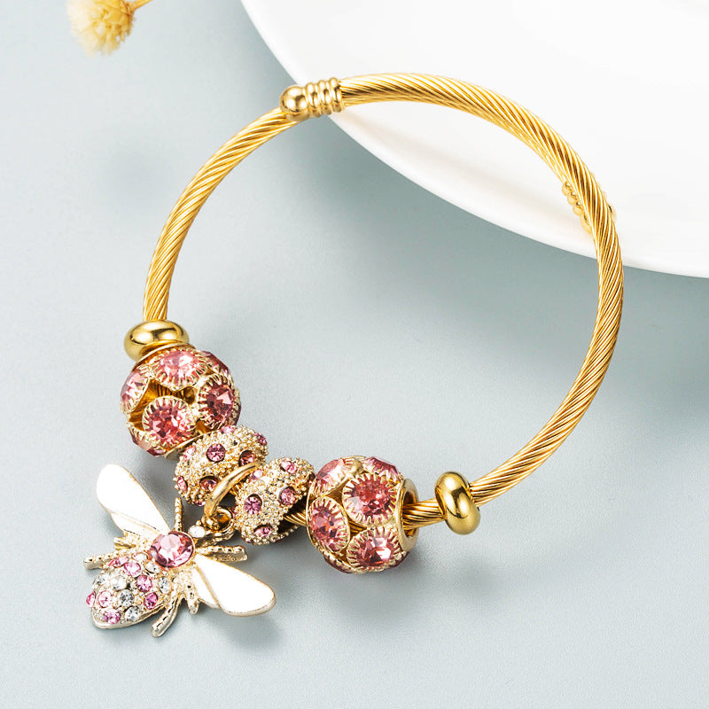 Gold Adjustable Bee Bracelet with Diamond Ball