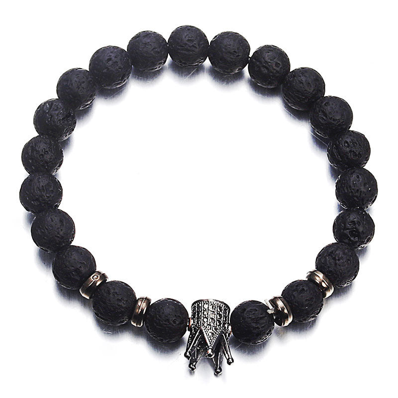 Black Lava Stone Bracelet with Gold Crown Charm for Men and Women