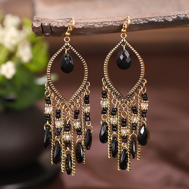 Bohemian Geometric Gold-Plated Tassel Resin Drop Earrings