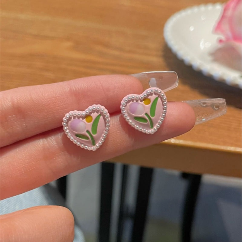 INS Style Heart Shape Flower Butterfly Enamel Rhinestone Pearl Drop Earrings for Women