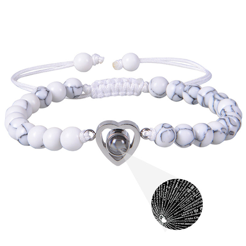 Romantic Heart Shape Natural Stone Projection Bracelets with Pink Crystal Beads