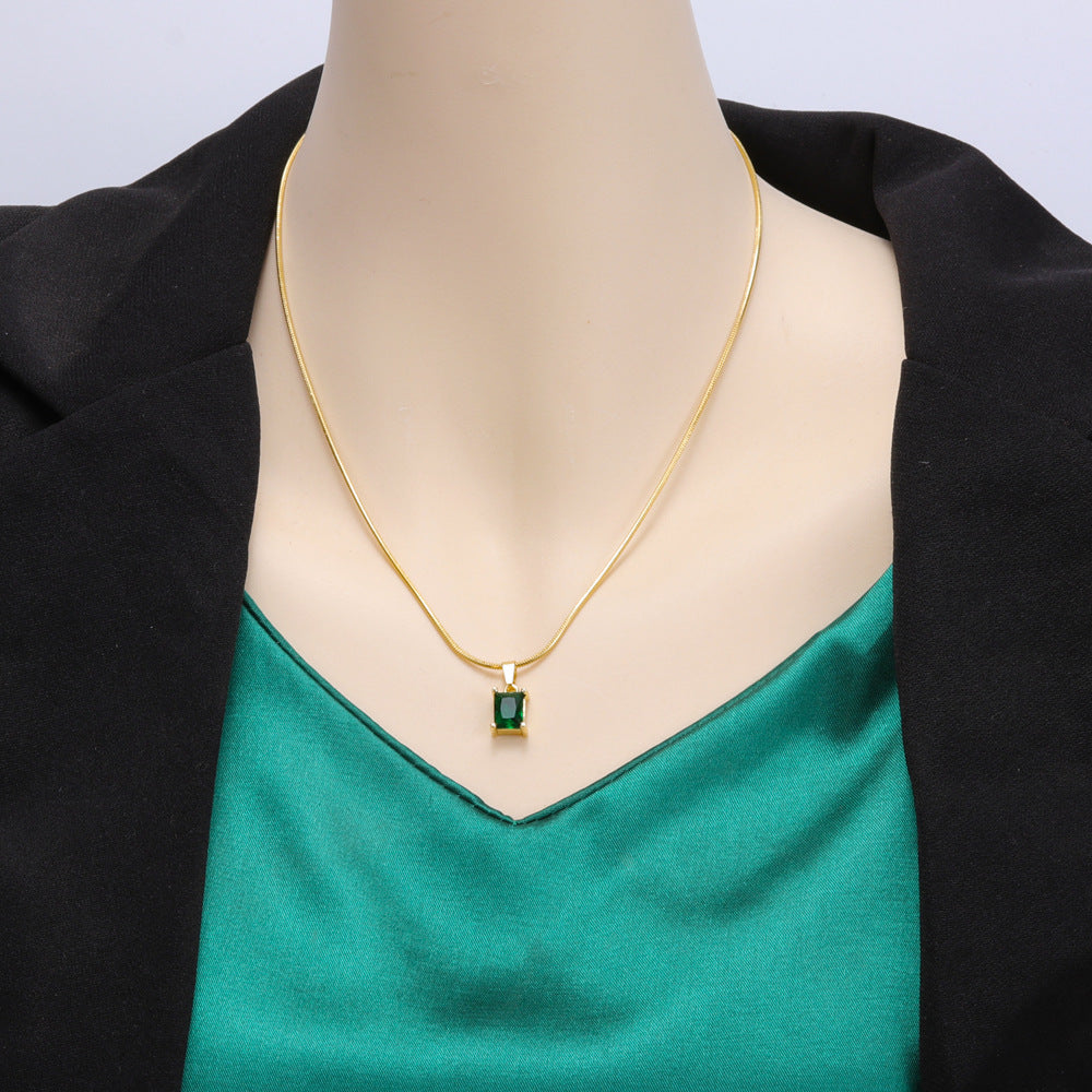 18K Gold Plated Stainless Steel Zircon Square Pendant Necklace
