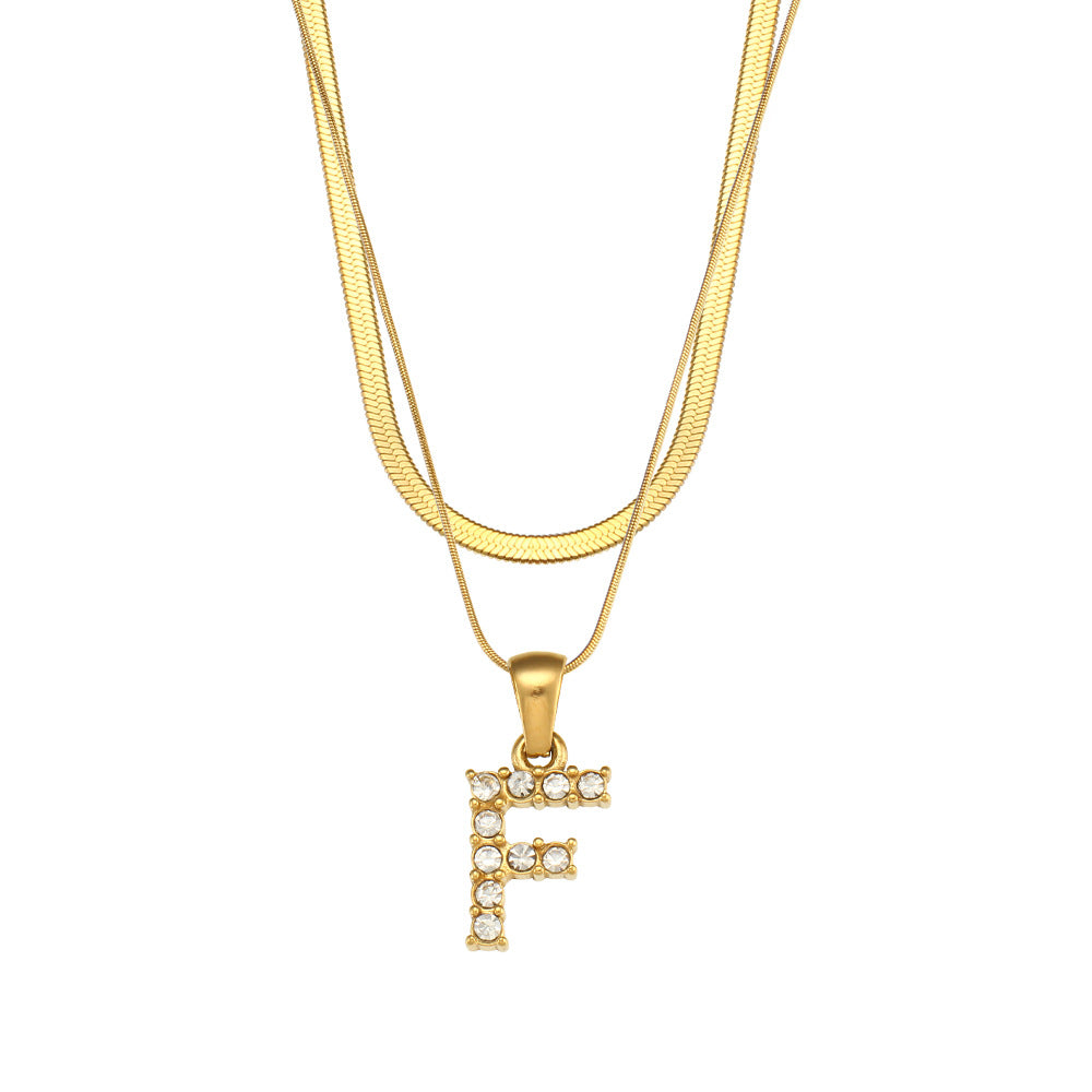 18K Gold Plated Double-Layer Zircon Letter Stainless Steel Necklace