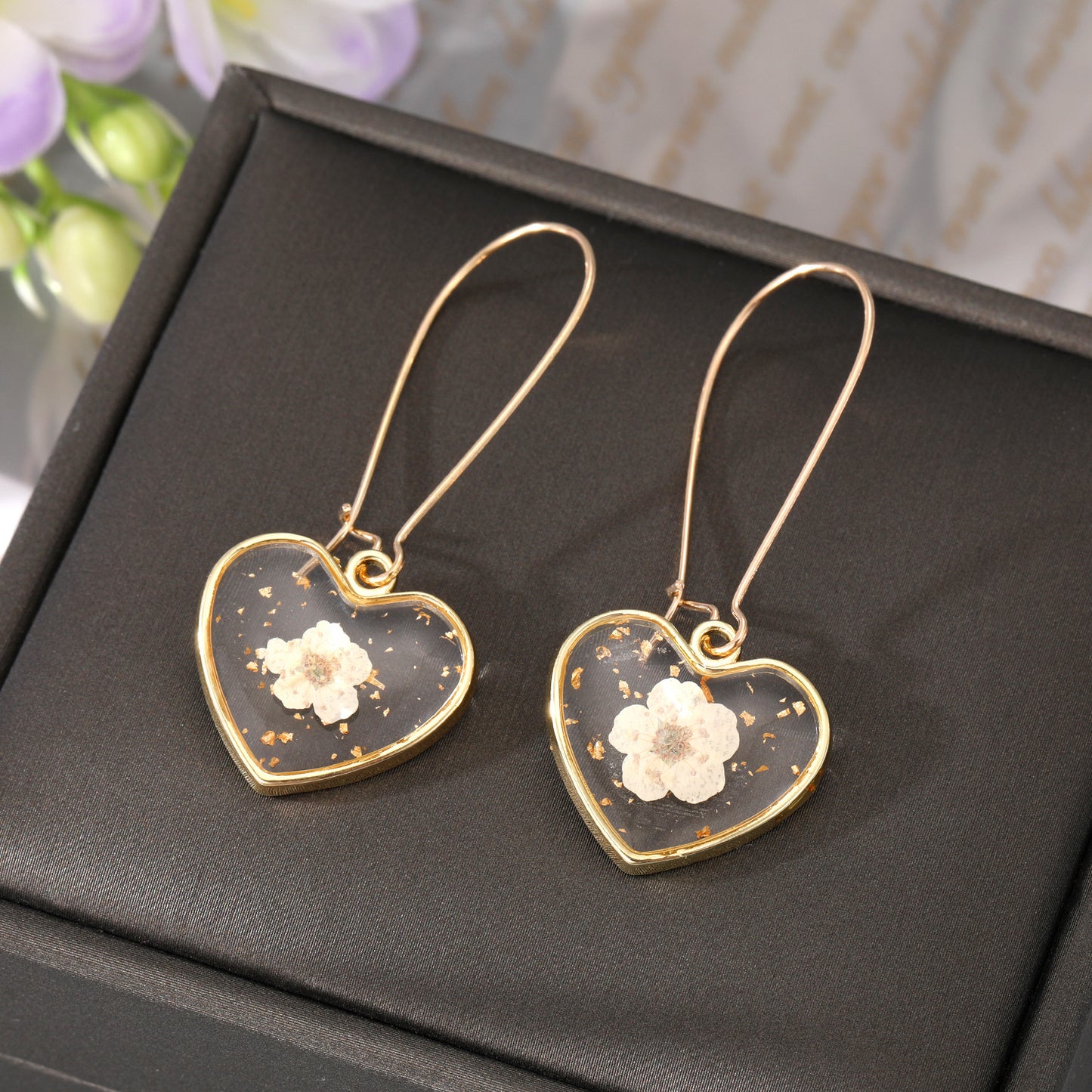 Simple Flower Heart Drop Earrings with Gold Foil Accents