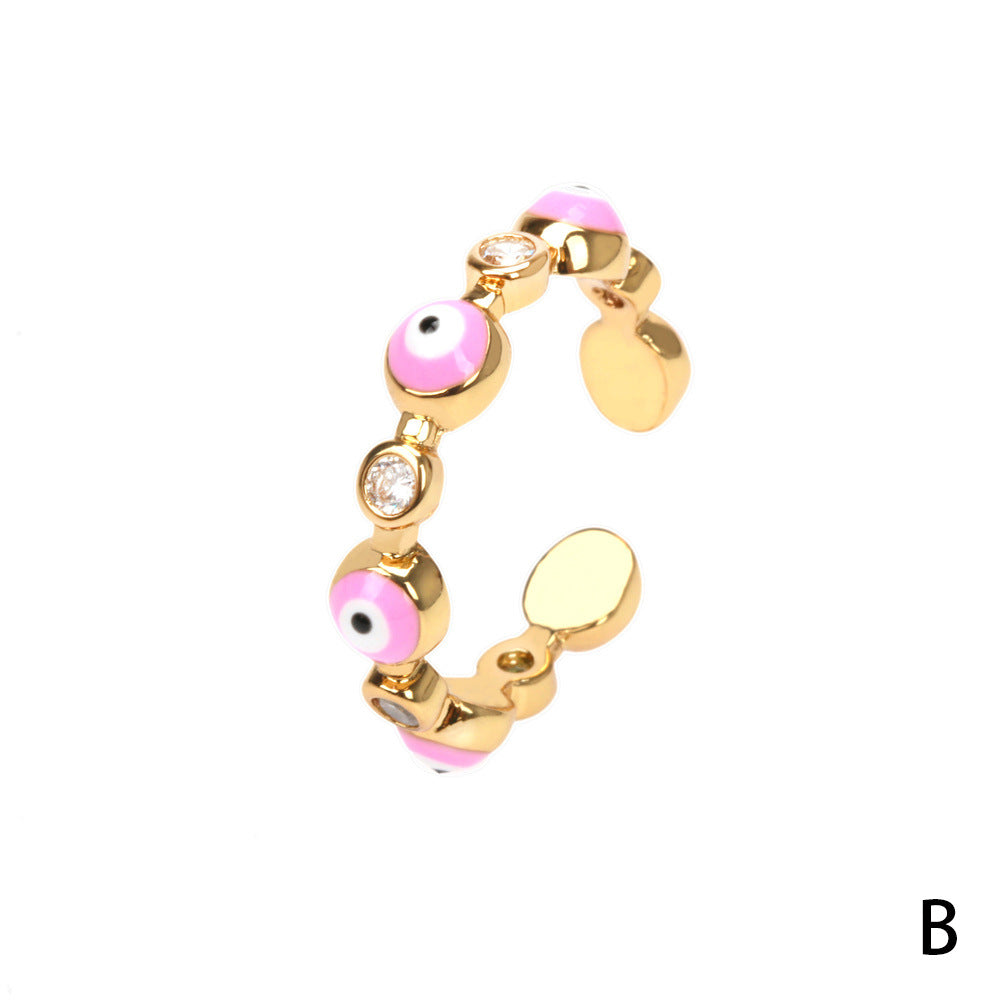 Fashion Zircon Evil Eye Colorful Enamel Open Ring