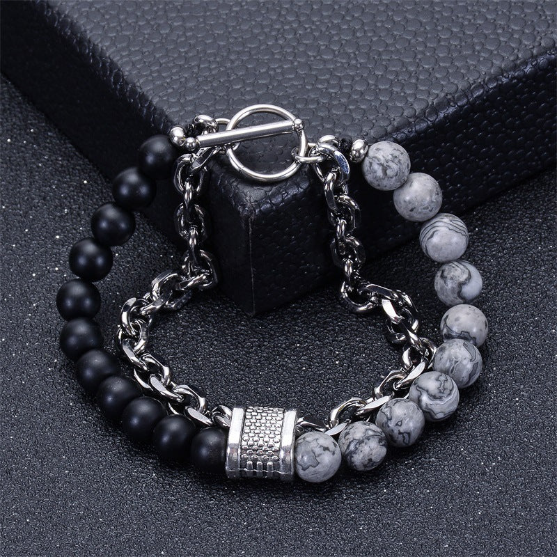 Geometric Natural Stone Lava Bead Stainless Steel Double Layer Bracelet