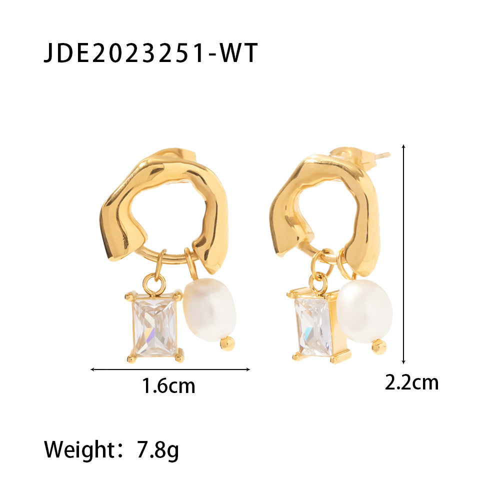 Retro Irregular 18k Gold Plated Stainless Steel Drop Earrings with Zircon and Freshwater Pearl