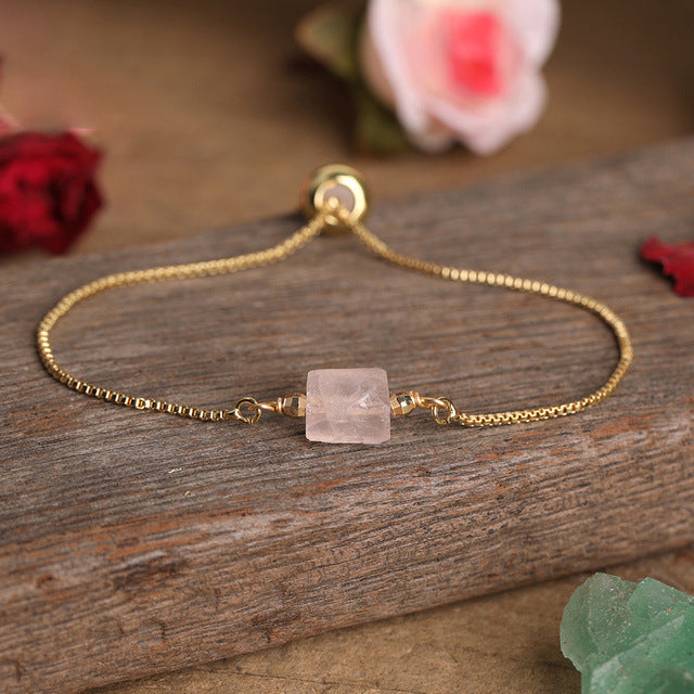 Simple Irregular Agate Prism Stone Metal Chain Adjustable Bracelet for Women