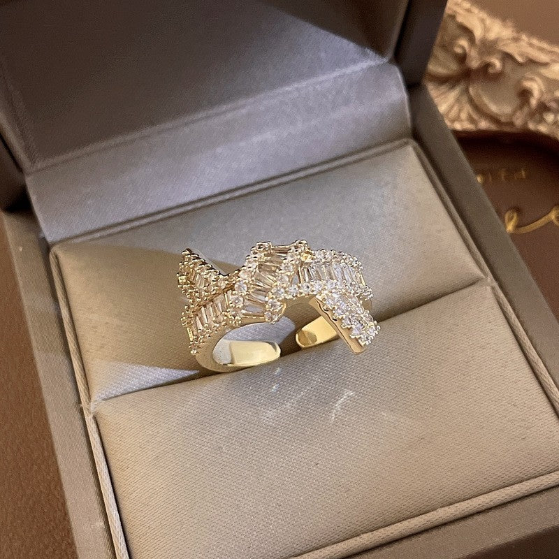 Fashion Heart & Bow Knot Zircon Adjustable Copper Ring