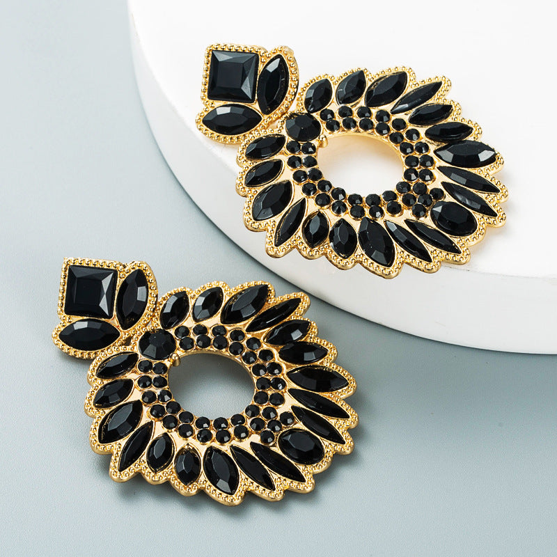 Geometric Flower Rhinestone Inlaid Pendant Earrings