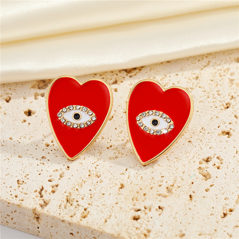 European American Peach Heart Eye Diamond Earrings Creative Evil Eye Drop Earrings