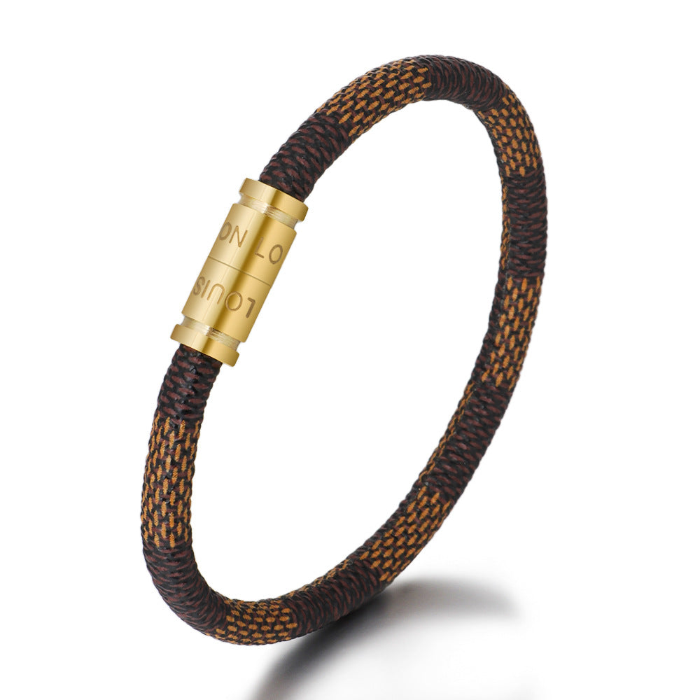 New Fashion Cowhide Striped Leather Bracelet with Stainless Steel Magnetic Clasp