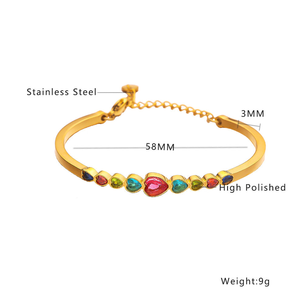 Simple Heart Shape Zircon Titanium Steel Bangle with Colorful Vintage Gold Finish