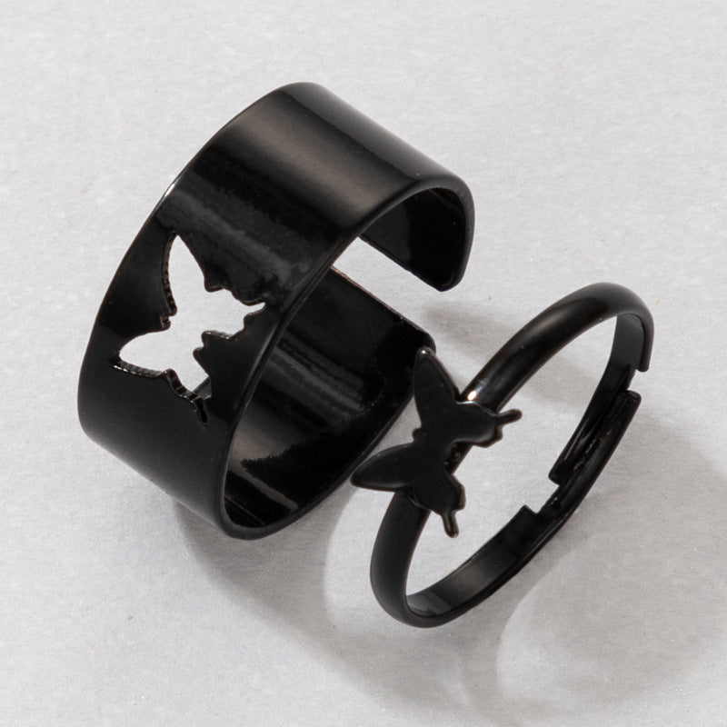 Simple Heart & Butterfly Adjustable Ring Set - Creative Hollow Punk Style Couple Rings