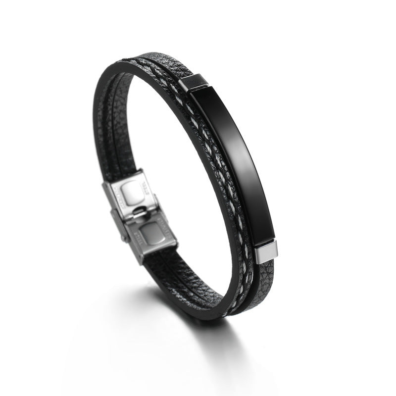 Retro European American PU Braided Leather Bracelet with Glossy Stainless Steel