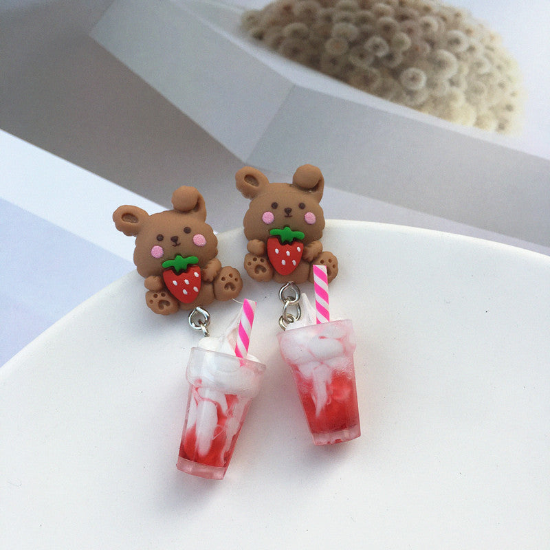 Creative Ice Cream Pearl Milk Tea Bear Strawberry Resin Earrings