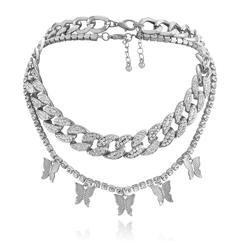 Alloy Rhinestone Butterfly Pendant Necklace - Punk Hip Hop Style
