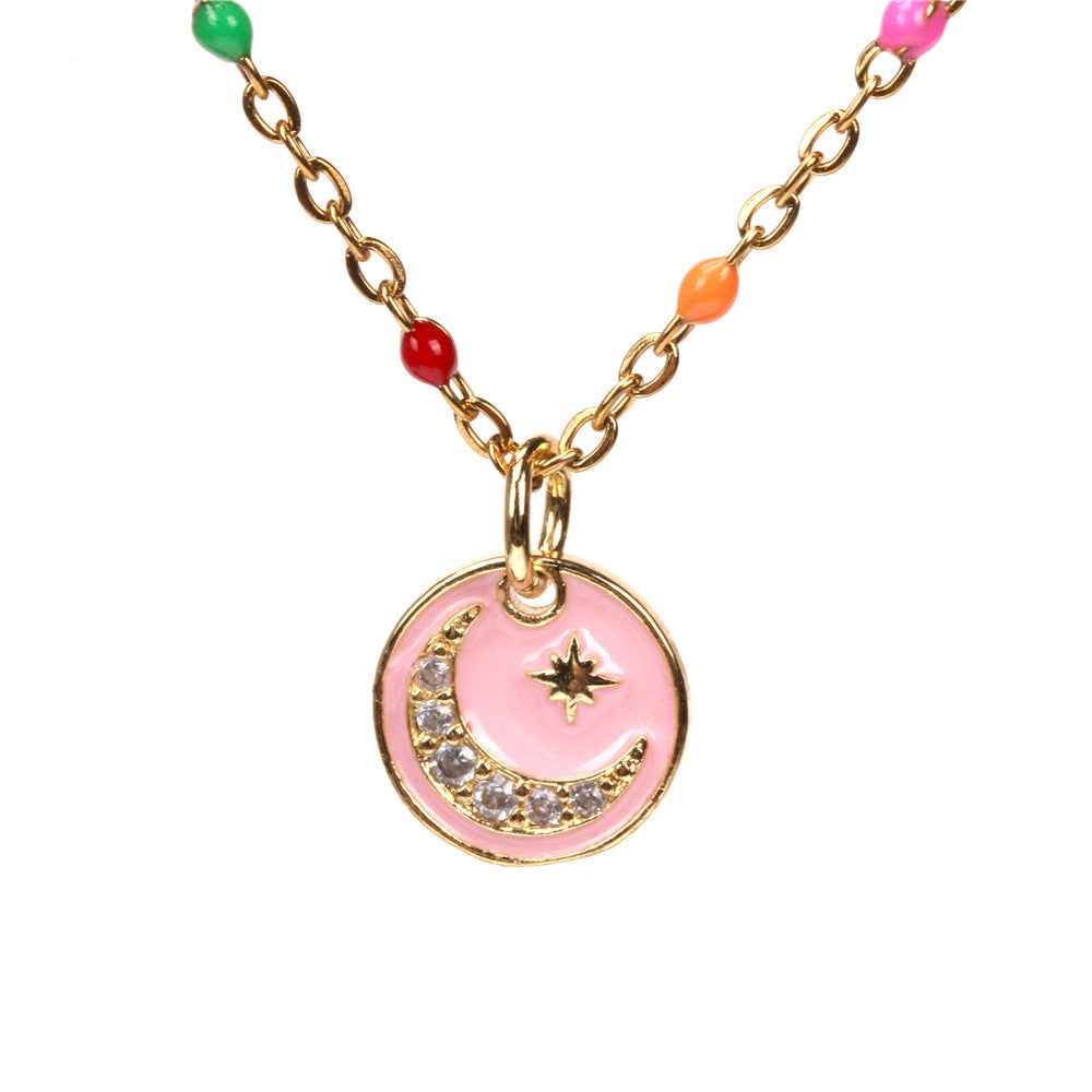 Stainless Steel Moon and Star Pendant Necklace with Dripping Oil Finish