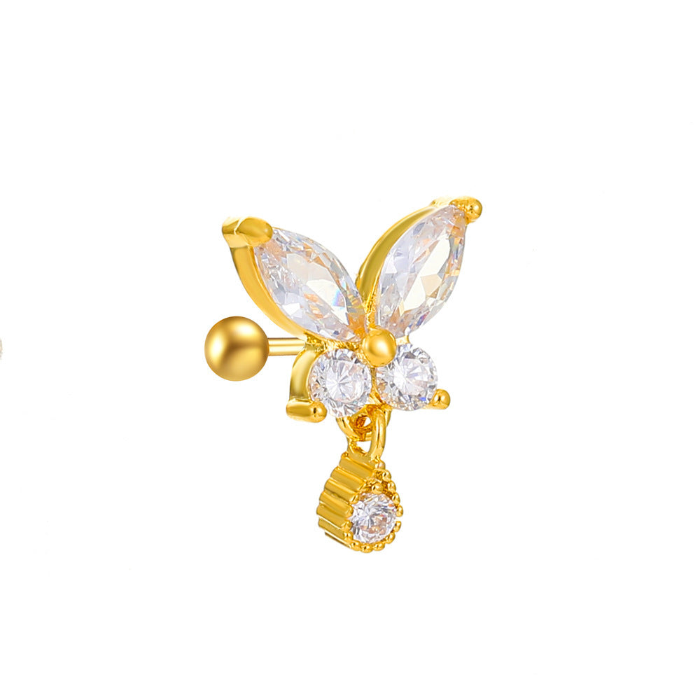 Vintage Zircon Butterfly Flower Heart Copper Screw Earrings
