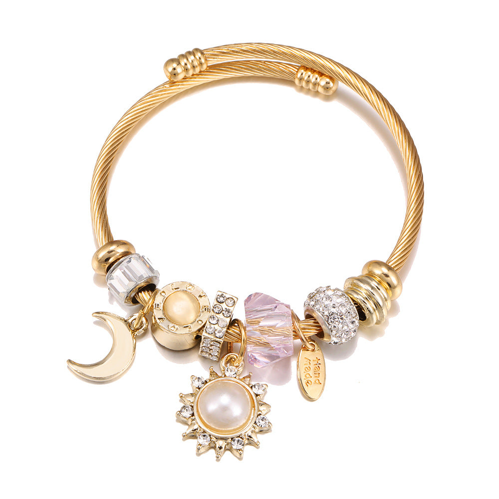 Golden Sunflower Moon Pendant Zircon Women's Bangle Bracelet