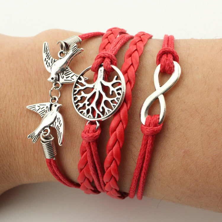 Fashion Multi-Element Leaf Heart Butterfly Owl Braided Women's Bracelet