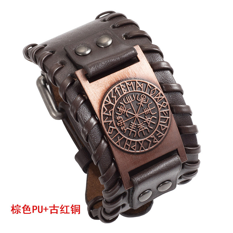 Simple Retro Nordic Viking Compass Leather Bracelet