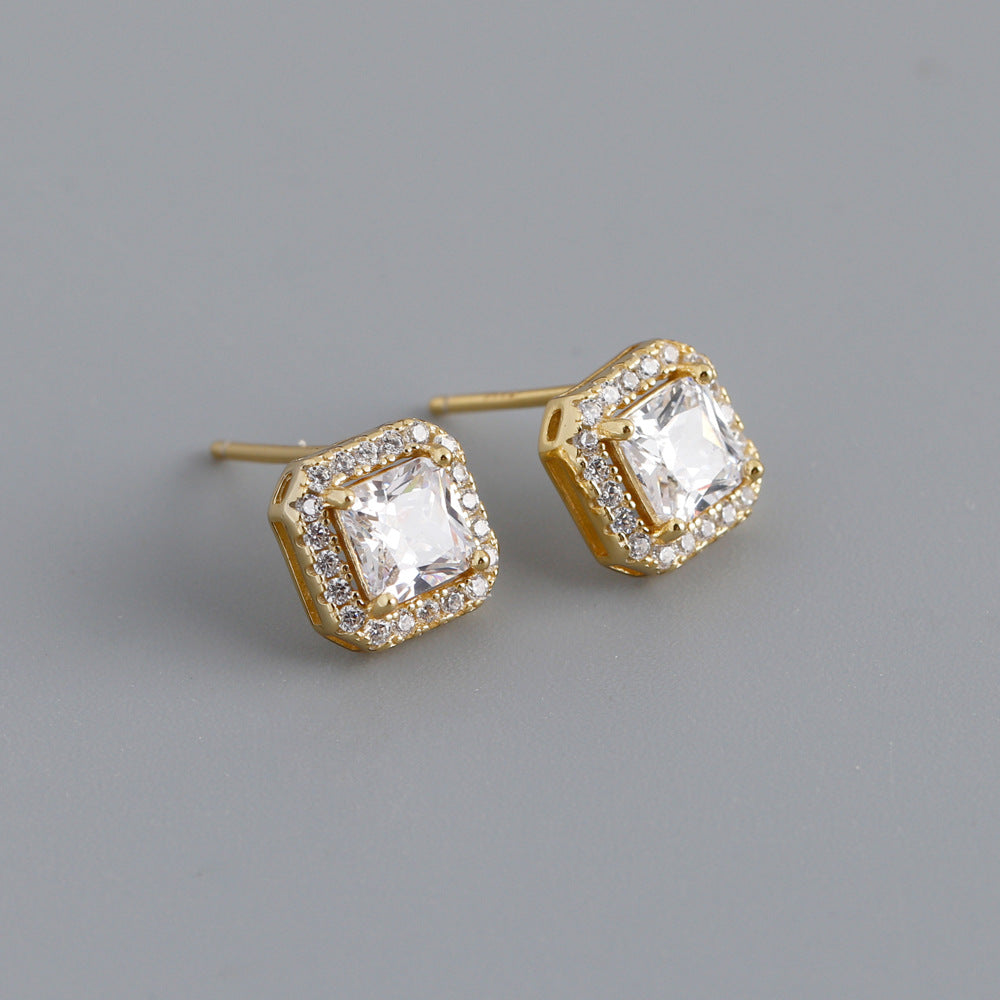 Geometric Sterling Silver Zircon Square Stud Earrings