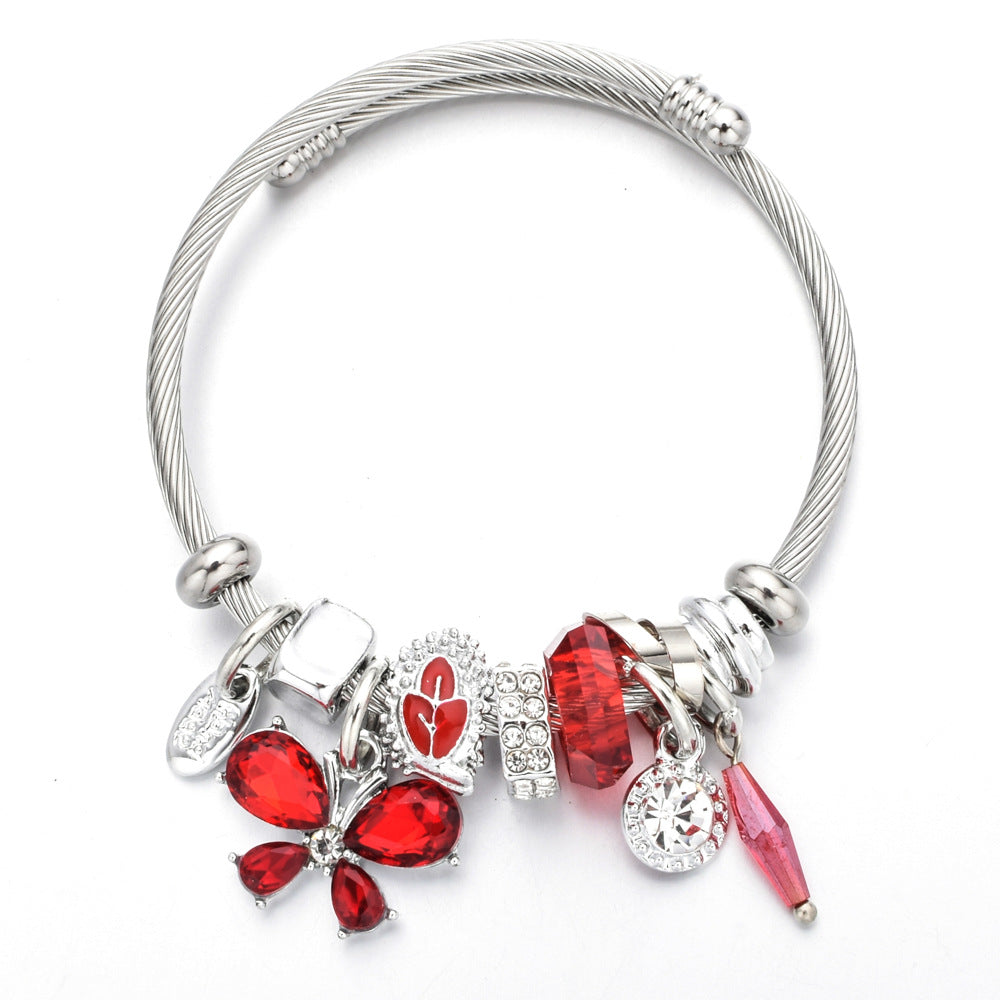 Fashion Metal Bunny Pendant & Crystal Bead Adjustable Stainless Steel Bracelet